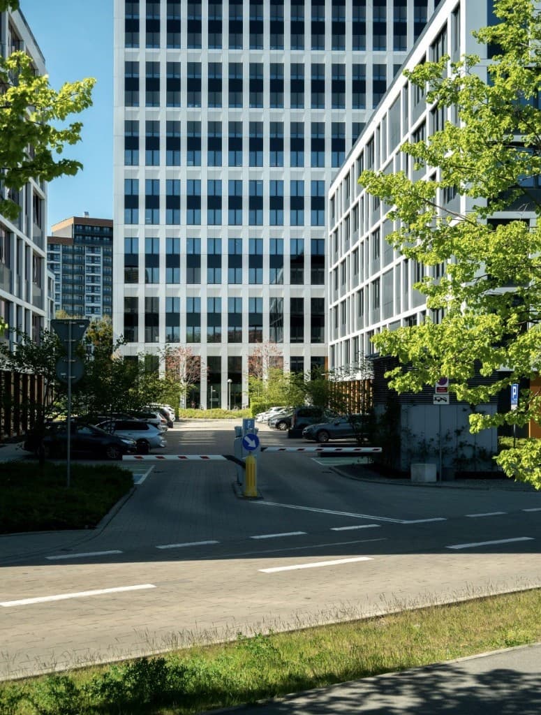 Contemporary office complex with parking and landscaping